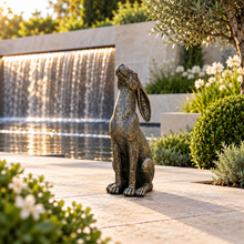 Laden Sie das Bild in den Galerie-Viewer, Moon gazing hare garden ornament in aged gold finish, 38 cm tall, in a landscaped garden
