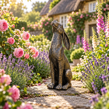 Laden Sie das Bild in den Galerie-Viewer, Moon gazing hare garden ornament in aged gold finish, 38 cm tall, in a landscaped garden
