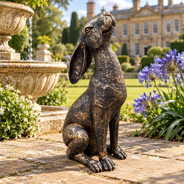 New Bronze Moon Gazing Hare, 38 cm polyresin garden ornament in a landscaped garden