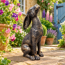 Load image into Gallery viewer, New Bronze Moon Gazing Hare, 38 cm polyresin garden ornament in a landscaped garden
