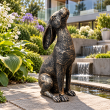 Load image into Gallery viewer, New Bronze Moon Gazing Hare, 38 cm polyresin garden ornament in a landscaped garden
