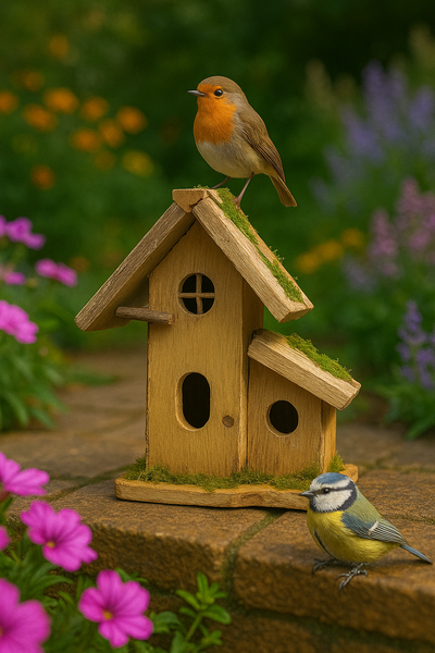 Handmade wooden birdhouse hut with three entrances measuring 16 x 10 x 21cm - Marissa's Garden & Gift