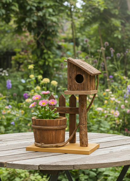 Handmade Wooden Birdhouse with Planter