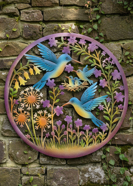 Handmade 60cm Colourful Hummingbird Wall Art – Metal Garden & Home Décor with Flowers and Baby Birds