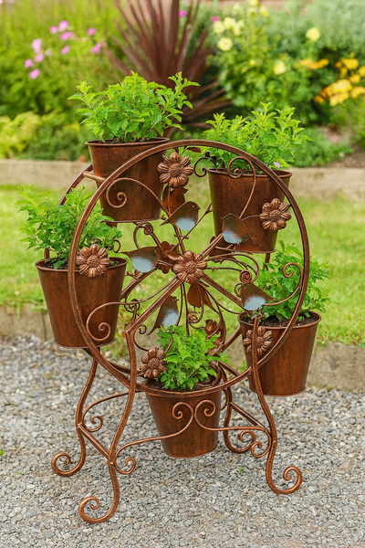 Handmade bronze with decorative robins windmill plant stand with five pots - Marissa's Garden & Gift