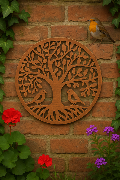 Handmade tree of life bronze powder coated wall art 60cm with two robins