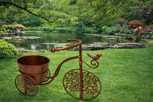 Afbeelding in Gallery-weergave laden, Handmade bronze bike with with bird and tree of life wheels pot plant holder stand with one pot
