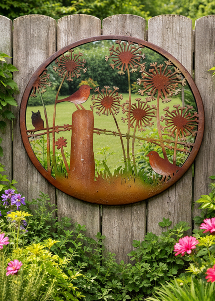 Handmade rusty 60cm acrylic mirror wall plaque of Robin birds Tree Wall Plaque, Rusted coloured  Metal, Garden/indoor Wall Art with peeling effect