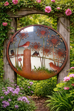 Afbeelding in Gallery-weergave laden, Handmade rusty 60cm acrylic mirror wall plaque of Robin birds Tree Wall Plaque, Rusted coloured  Metal, Garden/indoor Wall Art with peeling effect
