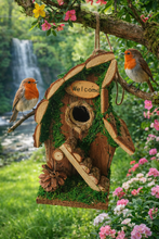 Laden Sie das Bild in den Galerie-Viewer, Handmade wooden Birdhouse with wooden stairs &amp; acorn design 16x15x21cm
