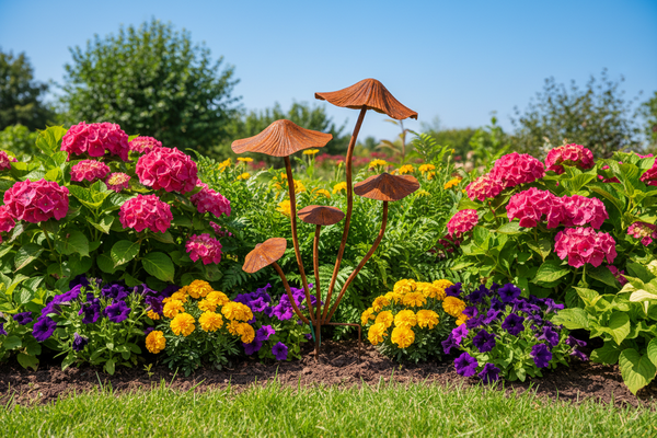 Handmade rusty mushrooms stake 75cm