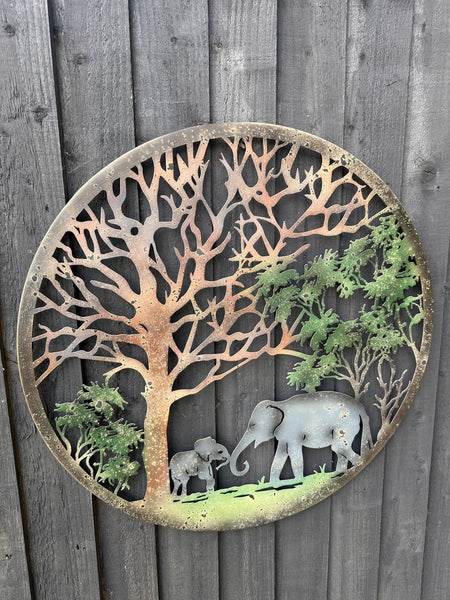 Handmade peeling tree of life elephant father and son wall art indoors/outdoors 60cm x60cm