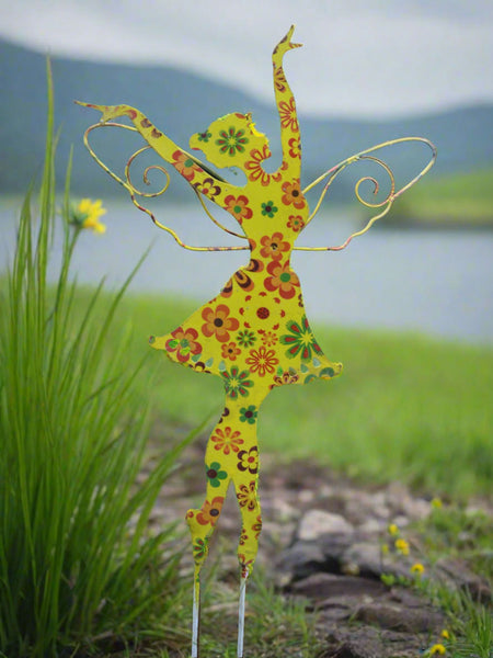 Standing Art Deco yellow floral garden/ outdoor metal garden fairy measuring 24.5 x 8 x 55cm - Marissa's Garden & Gift