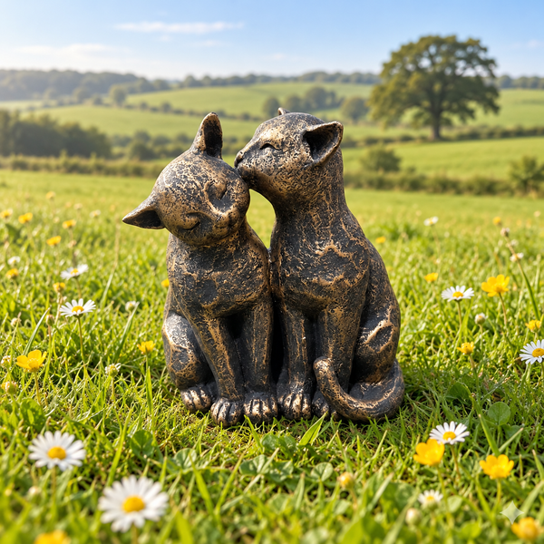Cats Couple aged gold polyresin ornament in scenic garden setting
