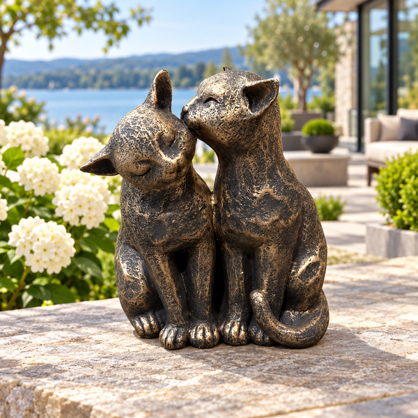 Cats Couple aged gold polyresin ornament in scenic garden setting