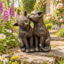 Load image into Gallery viewer, Cats Couple aged gold polyresin ornament in scenic garden setting

