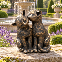 Load image into Gallery viewer, Cats Couple aged gold polyresin ornament in scenic garden setting
