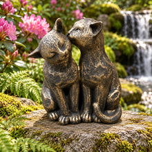 Load image into Gallery viewer, Cats Couple aged gold polyresin ornament in scenic garden setting
