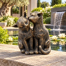 Load image into Gallery viewer, Cats Couple aged gold polyresin ornament in scenic garden setting
