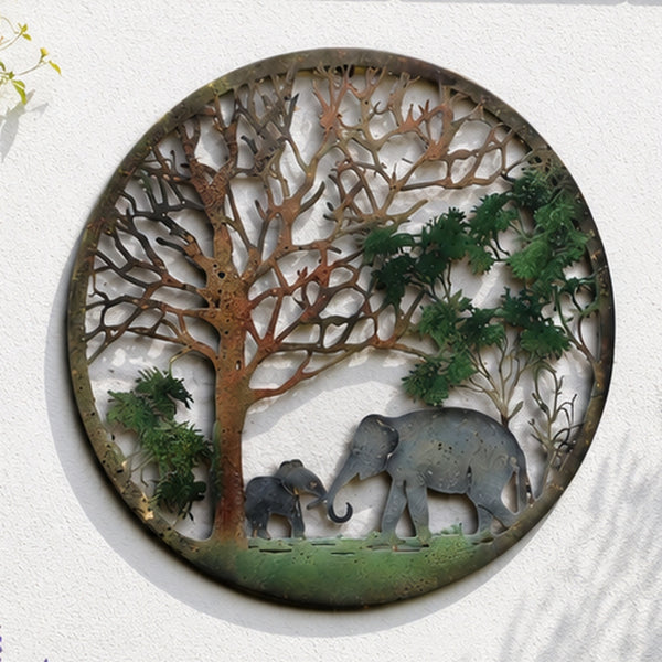 Close-up of elephant father and son Tree of Life metal wall art
