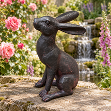 Charger l'image dans la galerie, New Bronze Alert Hare ornament in an English cottage garden with roses and waterfall

