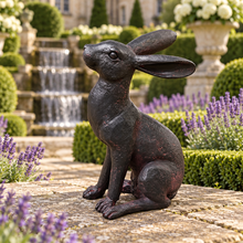 Charger l'image dans la galerie, 36cm bronze effect Alert Hare in Traditional formal manor garden with lavender, clipped hedges and a tiered waterfall
