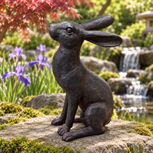 Charger l'image dans la galerie, Alert Hare ornament in Japanese inspired garden with irises and waterfall
