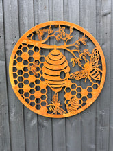 Afbeelding in Gallery-weergave laden, Handmade rusty 60cm rusty wall plaque of bees and honeycomb Tree Wall Plaque, rusty patina , Garden Wall Art
