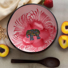 Charger l&#39;image dans la galerie, Handmade hand painted white and pink with elephant  design food safe coconut bowl and spoon Set with free gift bamboo straw and gift box
