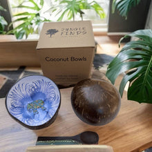 Indlæs billede til gallerivisning Handmade hand painted white and blue  with elephant  design food safe coconut bowl and spoon Set with free gift bamboo straw and gift box
