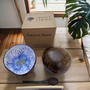 Handmade hand painted white and blue  with elephant  design food safe coconut bowl and spoon Set with free gift bamboo straw and gift box