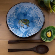 Indlæs billede til gallerivisning Handmade hand painted white &amp; dark blue with elephant  design food safe coconut bowl and spoon Set with free gift bamboo straw and gift box
