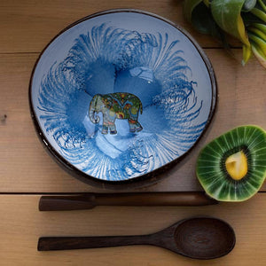 Handmade hand painted white & dark blue with elephant  design food safe coconut bowl and spoon Set with free gift bamboo straw and gift box