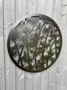 Handmade black 60cm wall plaque of birds wall with fern leaves plaque, powder coated  Metal, Garden/indoor Wall Art/ hand painted