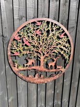 Laden Sie das Bild in den Galerie-Viewer, Handmade rusty 60cm wall plaque of Woodland animals Tree Wall Plaque, Rusted Aged Metal with peeling coloured effect, Garden Wall Art
