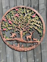 Laden Sie das Bild in den Galerie-Viewer, Handmade rusty 60cm wall plaque of Woodland animals Tree Wall Plaque, Rusted Aged Metal with peeling coloured effect, Garden Wall Art
