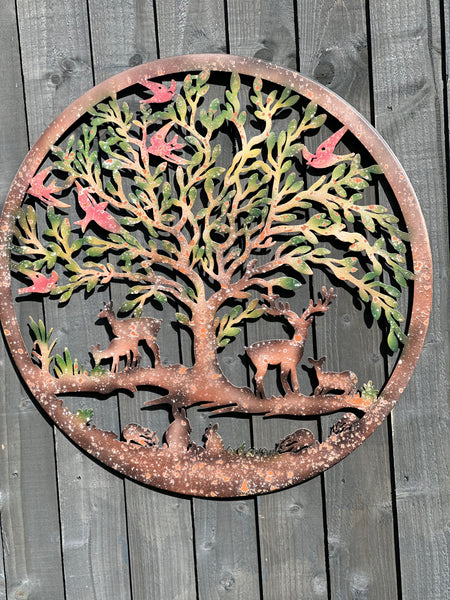 Handmade rusty 60cm wall plaque of Woodland animals Tree Wall Plaque, Rusted Aged Metal with peeling coloured effect, Garden Wall Art