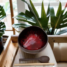 Laden Sie das Bild in den Galerie-Viewer, Handmade hand painted red feather design food safe coconut bowl and spoon Set with free gift bamboo straw and gift box
