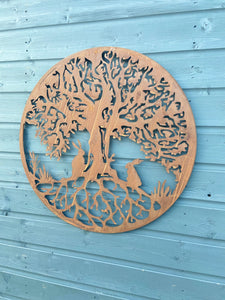 Handmade rusty 61.5cm wall plaque of rabbits Woodland animals Tree Wall Plaque, Rusted Aged Metal, Garden Wall Art