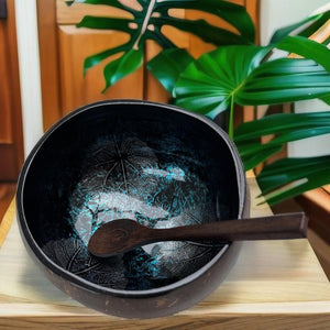 Handmade hand painted blue leaf design food safe coconut bowl and spoon Set with free gift bamboo straw and gift box