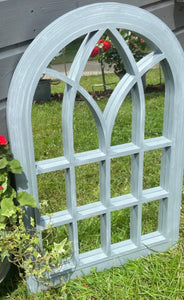 Belgravia Grey with white touch arched Outdoor/Indoor mirror measuring 76 x 51 x 4cm