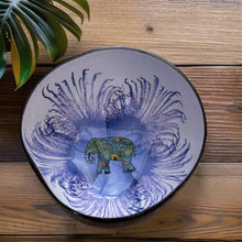 Laden Sie das Bild in den Galerie-Viewer, Handmade hand painted white and blue  with elephant  design food safe coconut bowl and spoon Set with free gift bamboo straw and gift box
