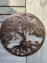 Charger l&#39;image dans la galerie, Bronze tree of life with roots with boxing hares wall art 60cm wall art suitable for indoors/outdoors birthday/anniversary gift
