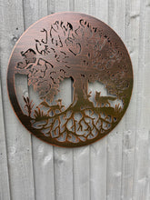 Load image into Gallery viewer, Handmade bronze  60cm wall plaque Tree of life with roots Wall Plaque with two foxes , powder coated steel Metal, Garden/indoor Wall Art
