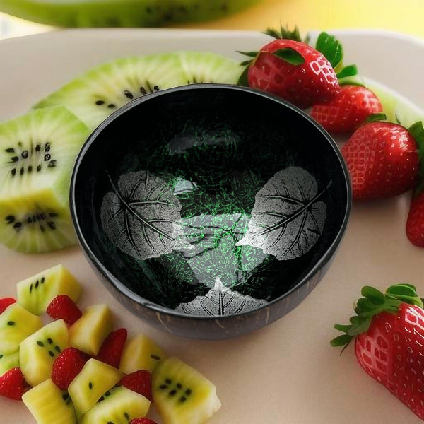 Handmade hand painted green leaf design food safe coconut bowl and spoon Set with free gift bamboo straw and gift box - Marissa's Garden & Gift