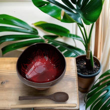 Charger l&#39;image dans la galerie, Handmade hand painted red feather design food safe coconut bowl and spoon Set with free gift bamboo straw and gift box
