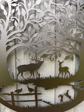 Laden Sie das Bild in den Galerie-Viewer, Handmade black 60cm wall plaque of Woodland animals Tree Wall Plaque, powder coated steel, Garden Wall Art
