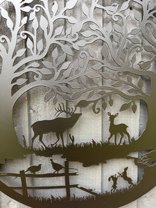 Handmade black 60cm wall plaque of Woodland animals Tree Wall Plaque, powder coated steel, Garden Wall Art