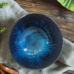 Handmade hand painted blue feather design food safe coconut bowl and spoon Set with free gift bamboo straw and gift box