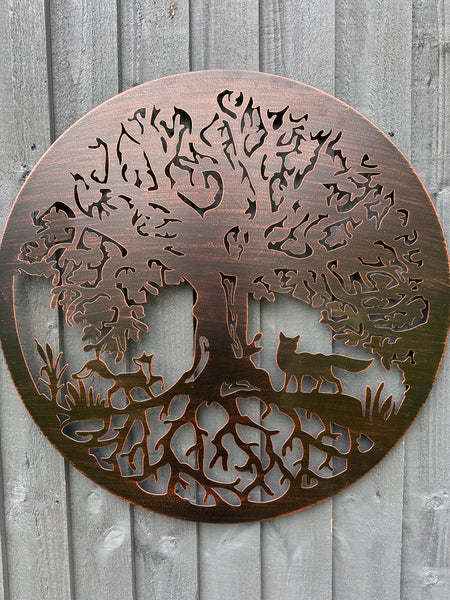 Handmade bronze  60cm wall plaque Tree of life with roots Wall Plaque with two foxes , powder coated steel Metal, Garden/indoor Wall Art